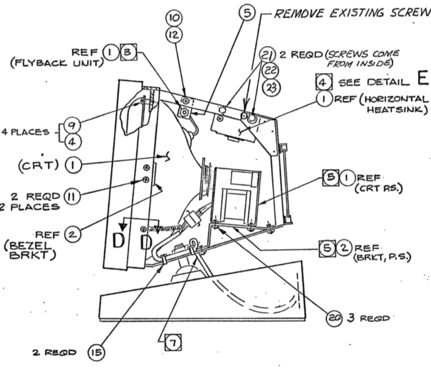 An illustration of the side of an Alto display. It shows various components and fasteners.